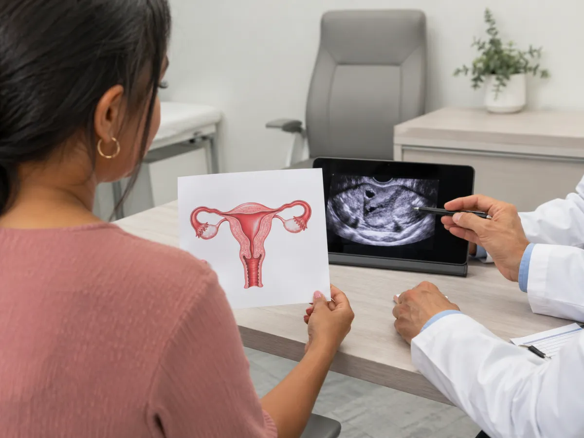 Paciente revisando diagrama uterino en consulta ginecológica con el Dr. Carlos Barba en Tijuana