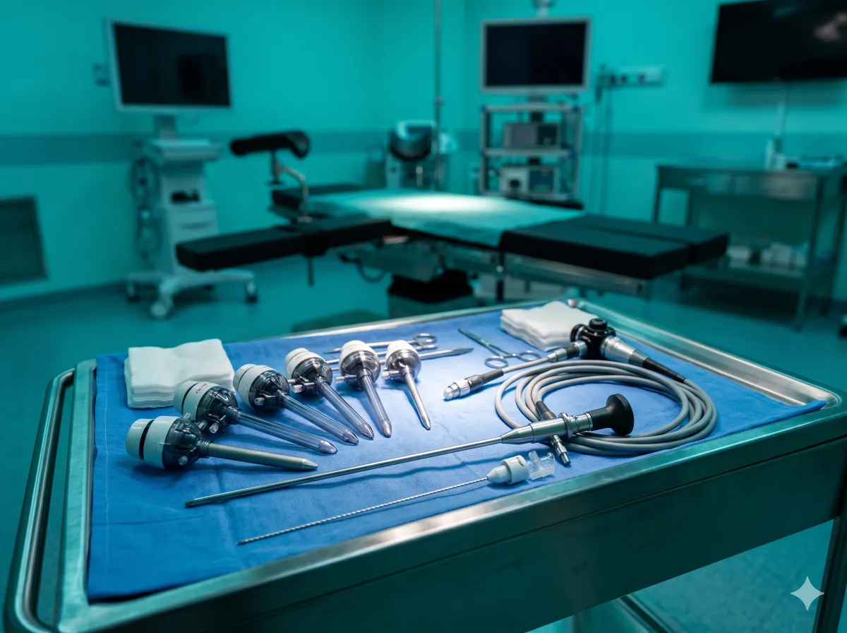Ginecólogo en Tijuana revisando monitor de laparoscopia en quirófano, procedimiento mínimamente invasivo, consultorio médico profesional
