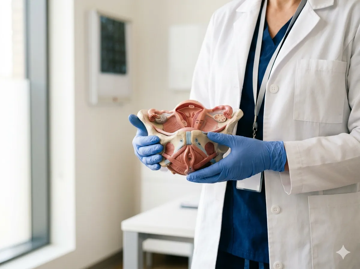 Manos de ginecóloga con guantes sosteniendo modelo anatómico de piso pélvico en consultorio médico — Dr. Carlos Barba, ginecólogo en Tijuana