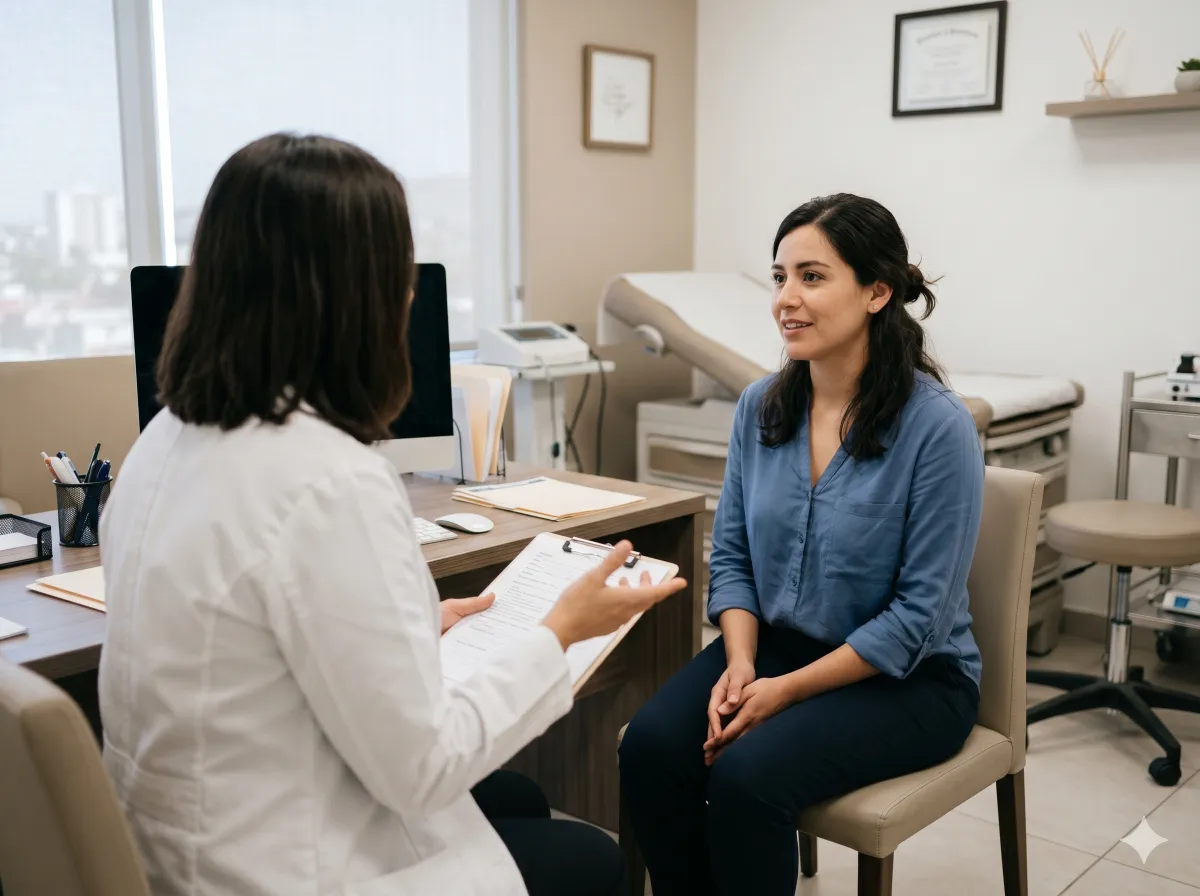 Médico ginecólogo atendiendo a paciente femenina en consultorio del Centro Médico de Tijuana