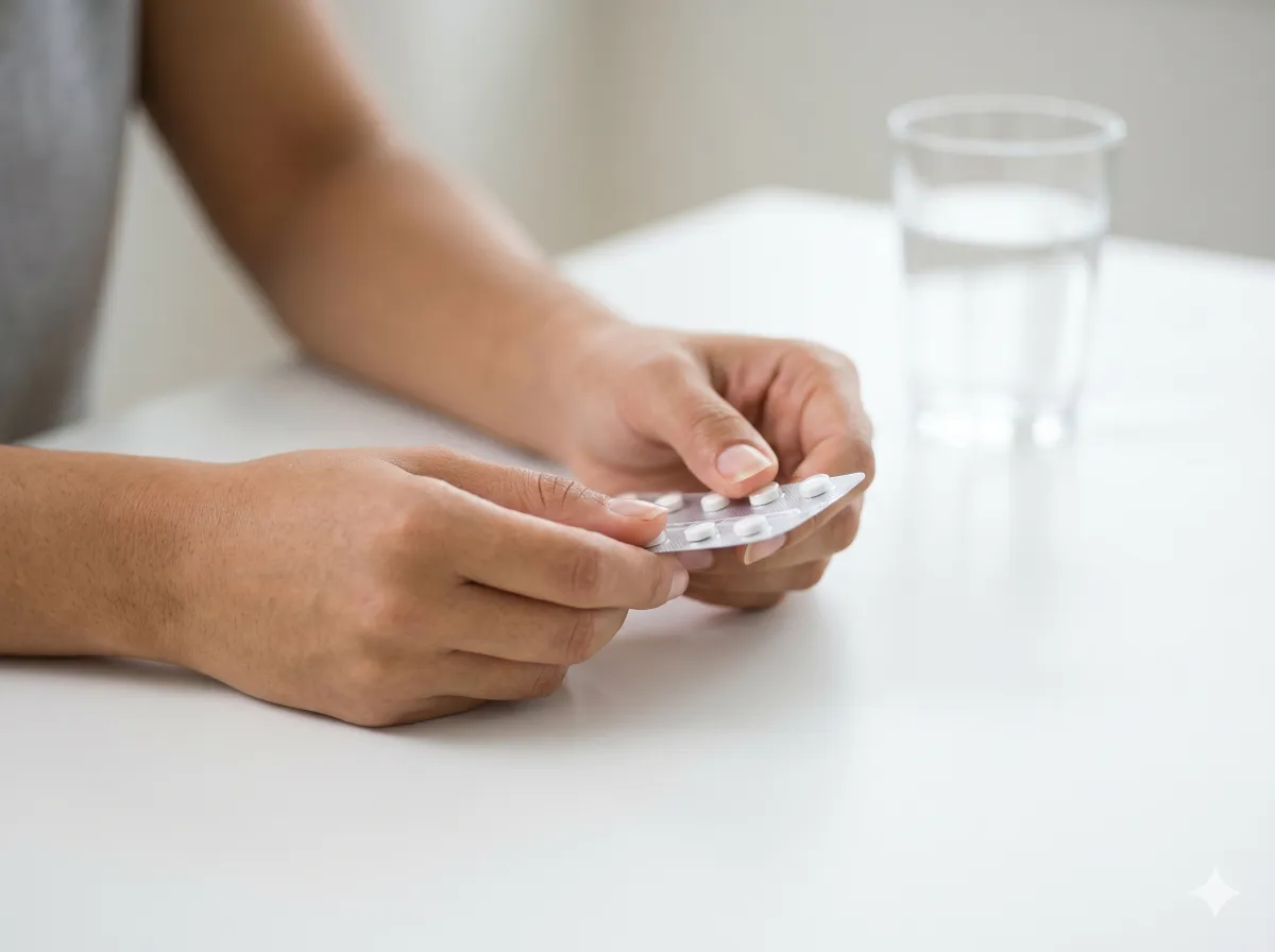 Manos femeninas sosteniendo blíster de pastillas sobre superficie médica blanca, consulta ginecológica Tijuana