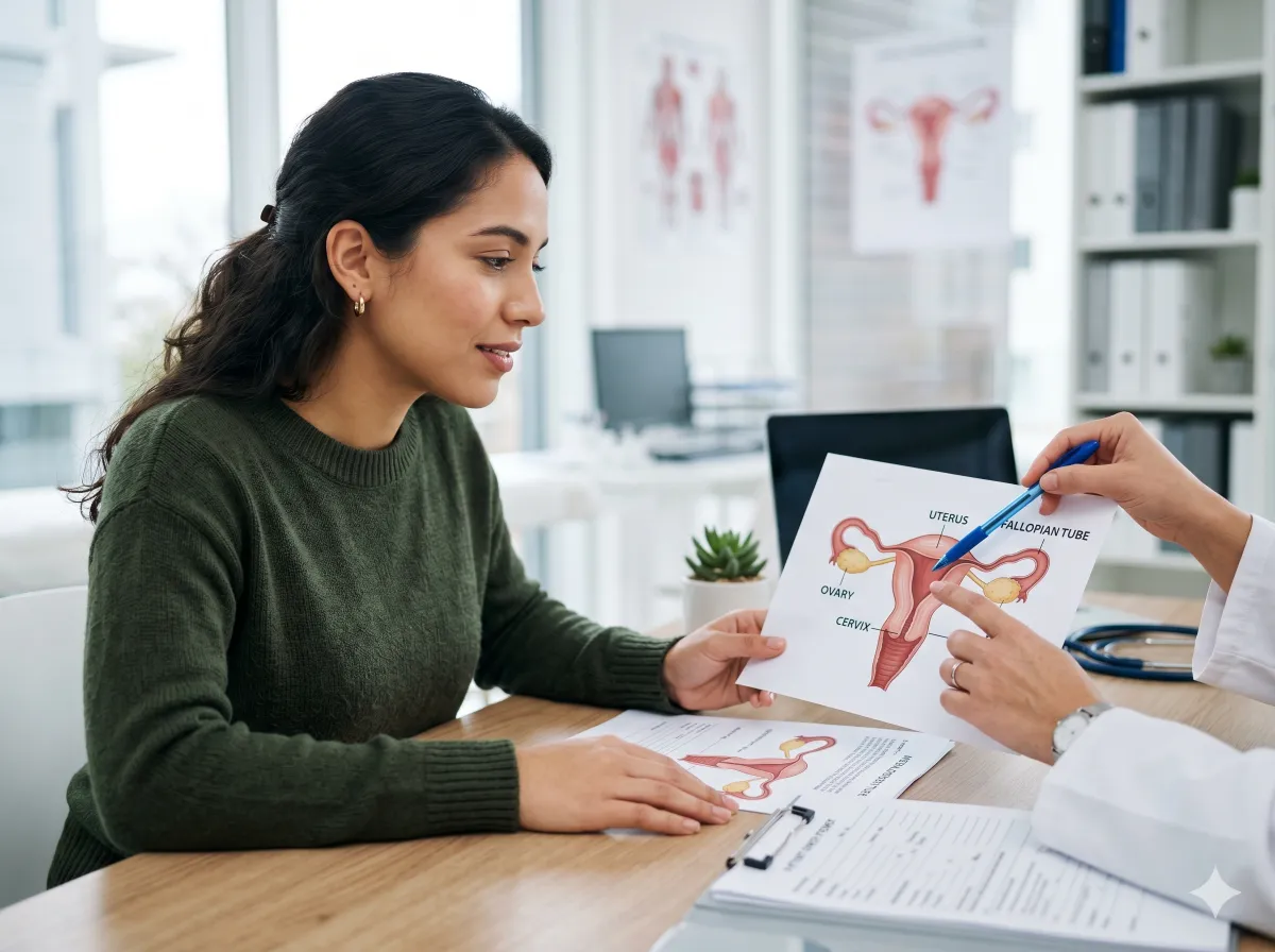 Mujer joven en consulta ginecológica escuchando atentamente al especialista, consultorio médico moderno en Tijuana