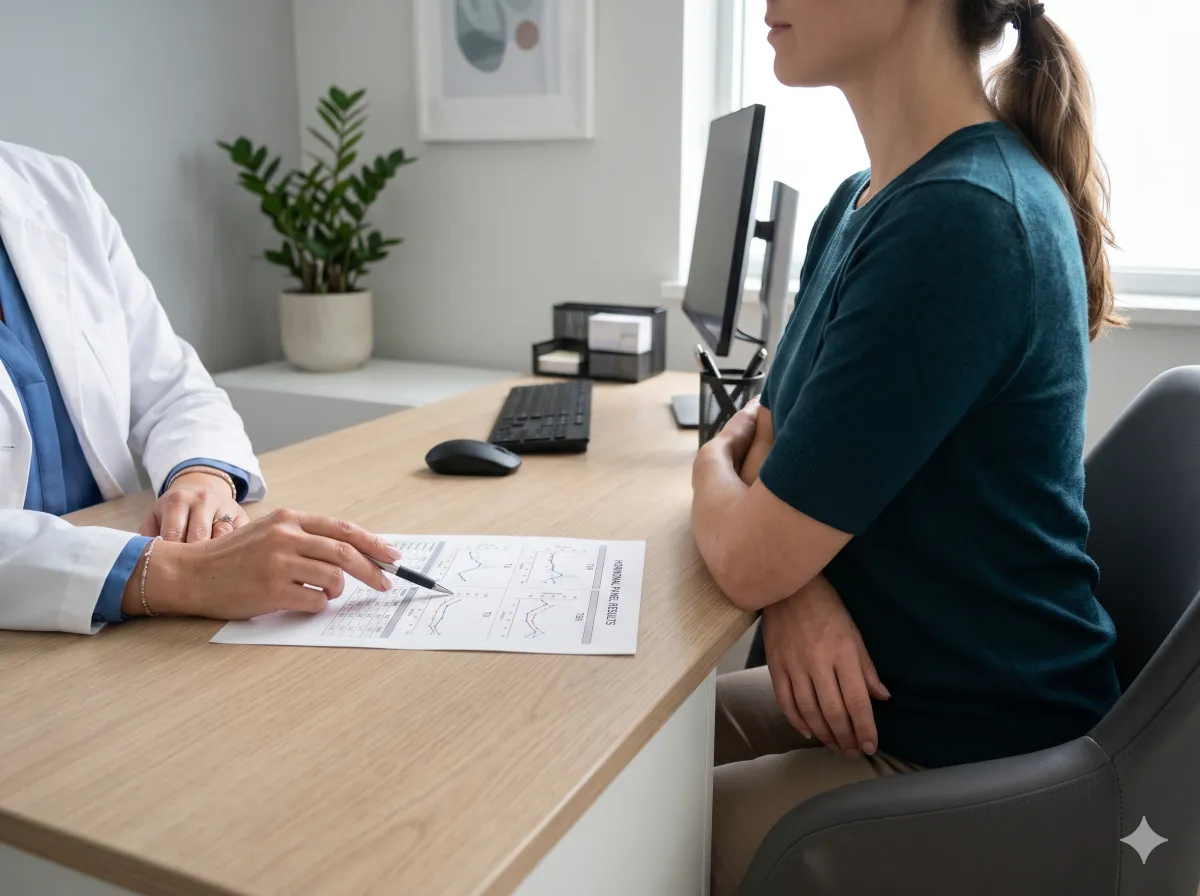 Ginecólogo revisando resultados hormonales de paciente joven en consultorio médico de Tijuana