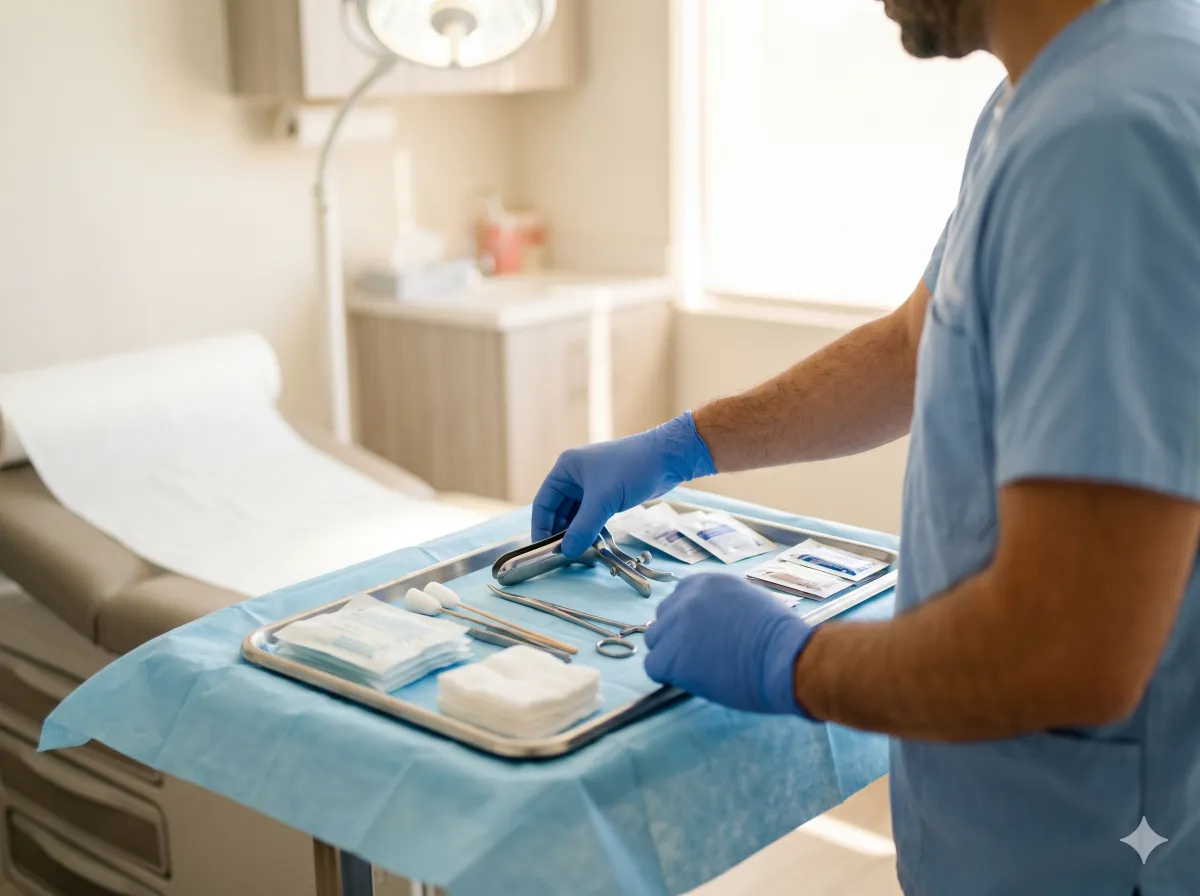 Manos enguantadas de ginecólogo preparando instrumental estéril en consultorio médico de Tijuana