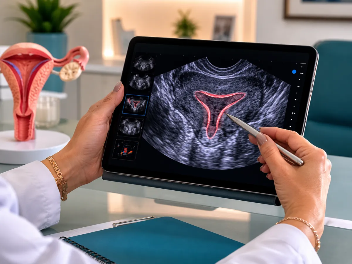 Manos de ginecóloga revisando ultrasonido uterino en consultorio médico moderno en Tijuana