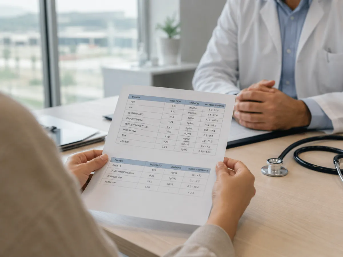 Manos de médico revisando resultados de análisis hormonales en consultorio ginecológico en Tijuana