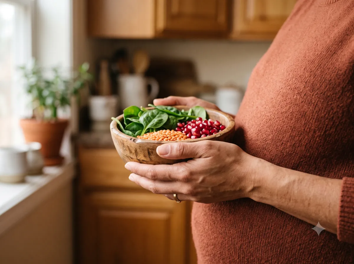 Manos de una mujer embarazada sosteniendo alimentos ricos en hierro, sin mostrar el rostro