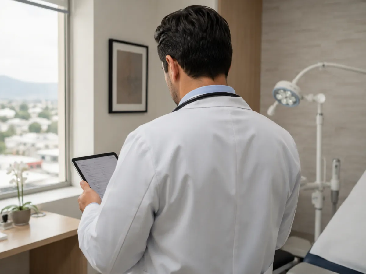 Ginecólogo de espaldas revisando expediente en consultorio médico limpio en Tijuana, ambiente profesional y cálido.