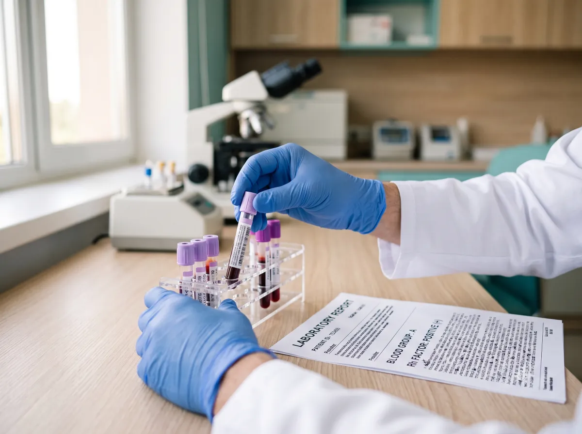 Tubos de muestra sanguínea y hoja de resultados de grupo y factor Rh sobre escritorio de consultorio ginecológico