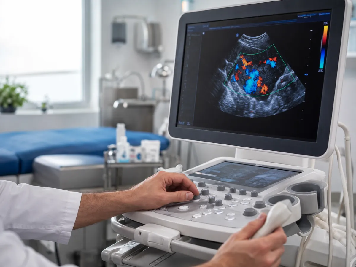 Manos de ginecólogo realizando ultrasonido pélvico con Doppler en pantalla, consultorio médico en Tijuana