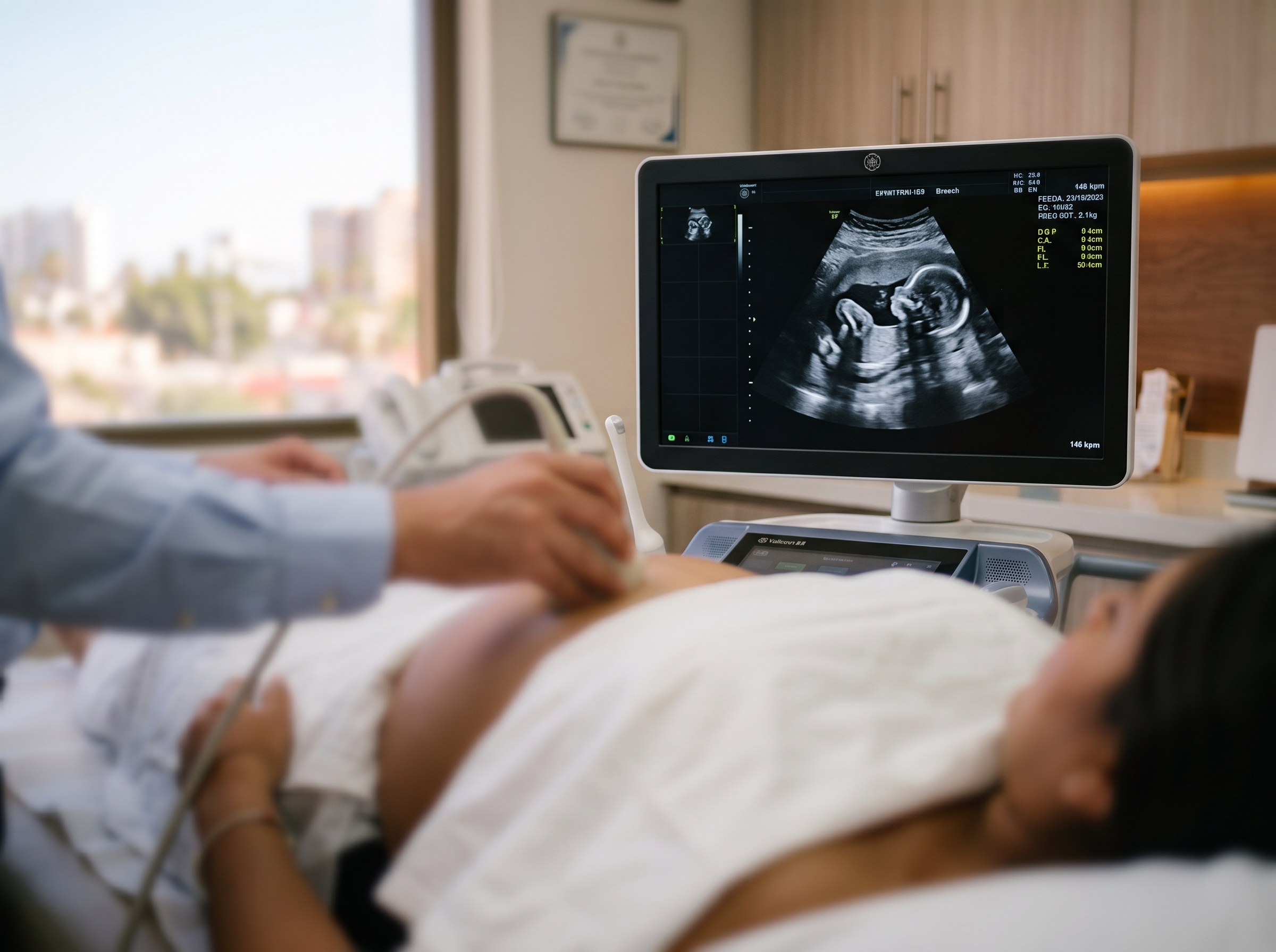 Ultrasonido obstétrico del tercer trimestre mostrando bebé en presentación podálica en consultorio en Tijuana