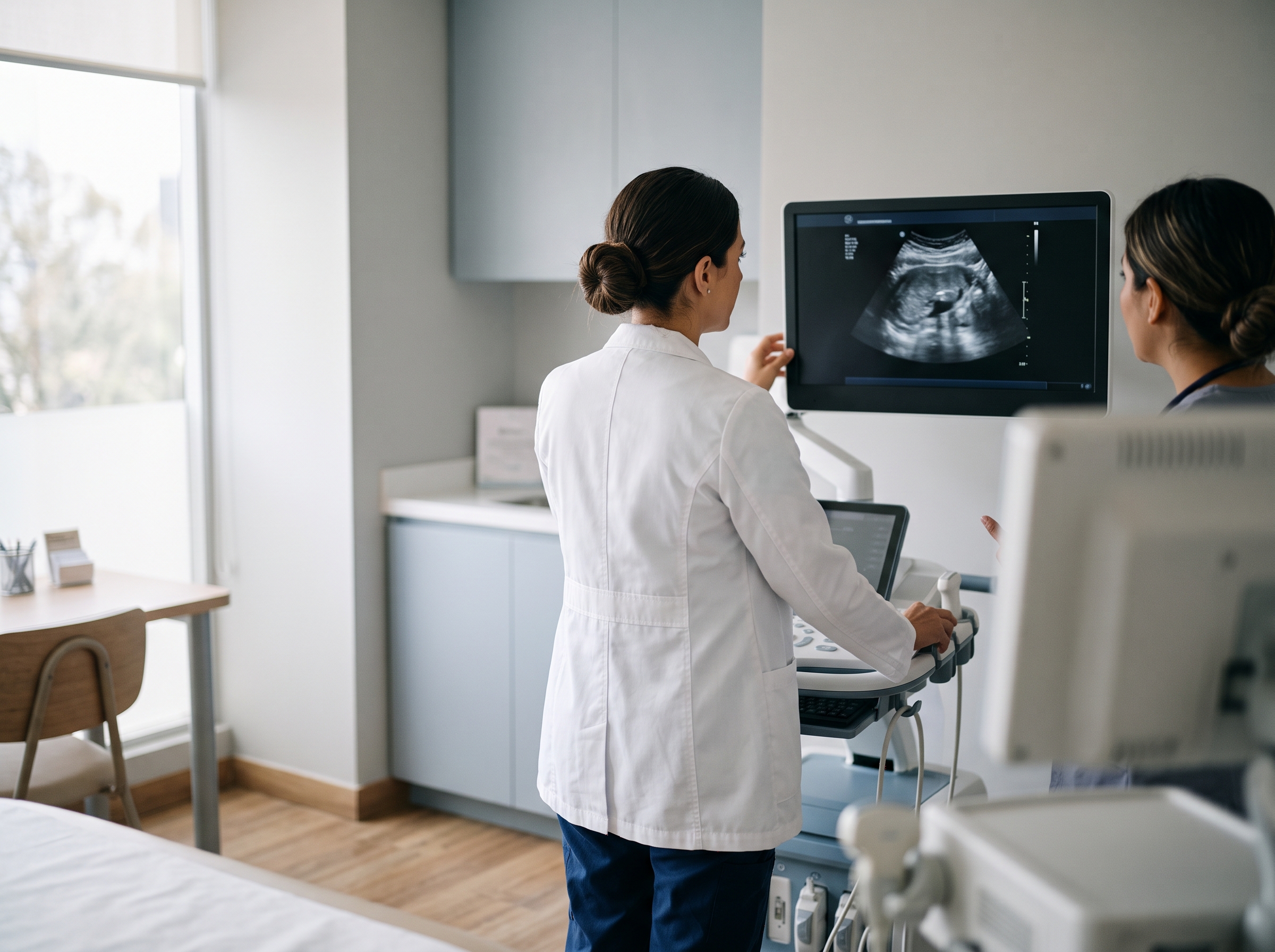 Dos profesionales de la salud de espaldas revisando un estudio en un monitor dentro de un consultorio moderno.