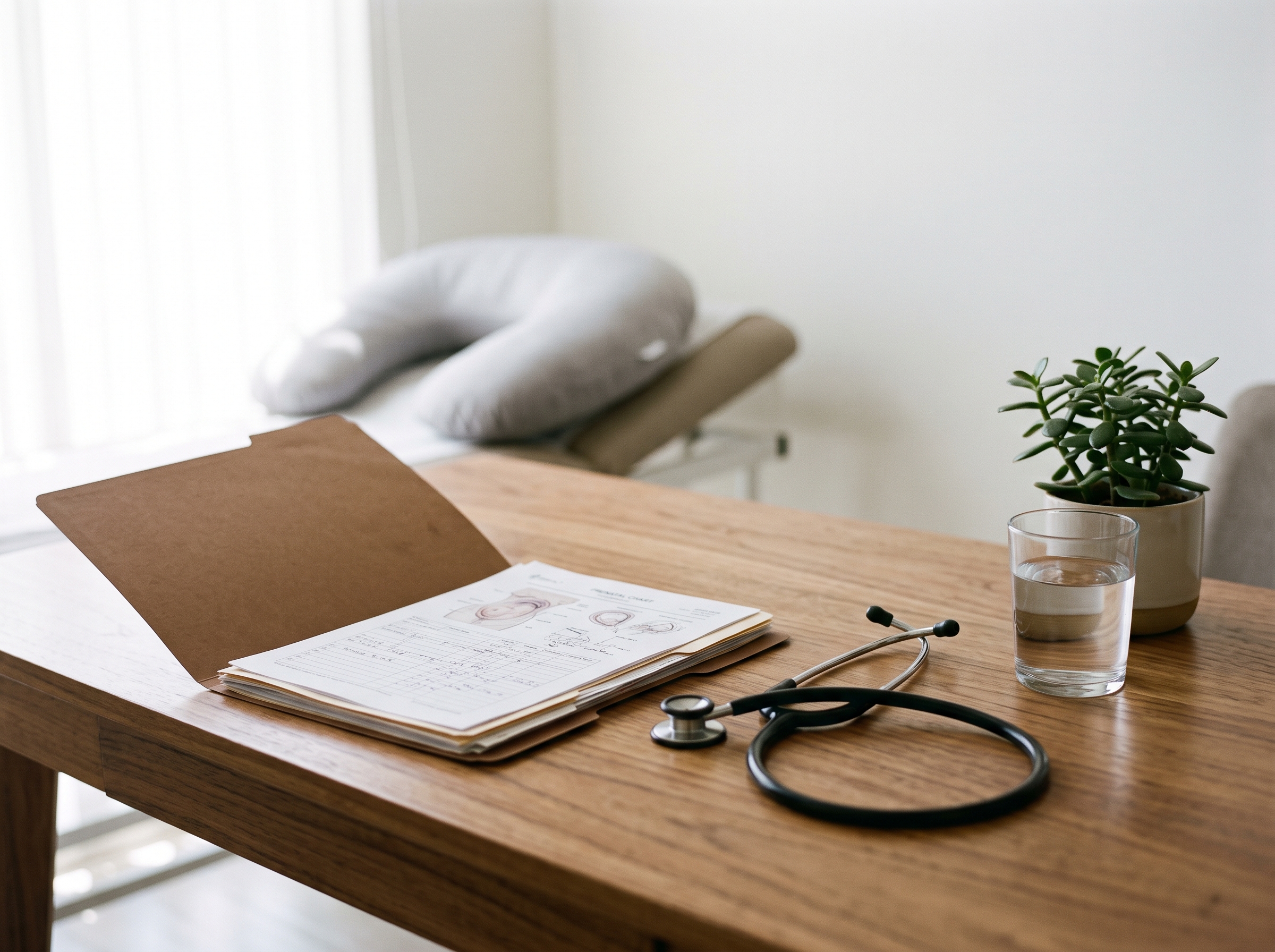 Escritorio de consultorio con carpeta clínica prenatal, estetoscopio y un vaso de agua bajo luz natural.