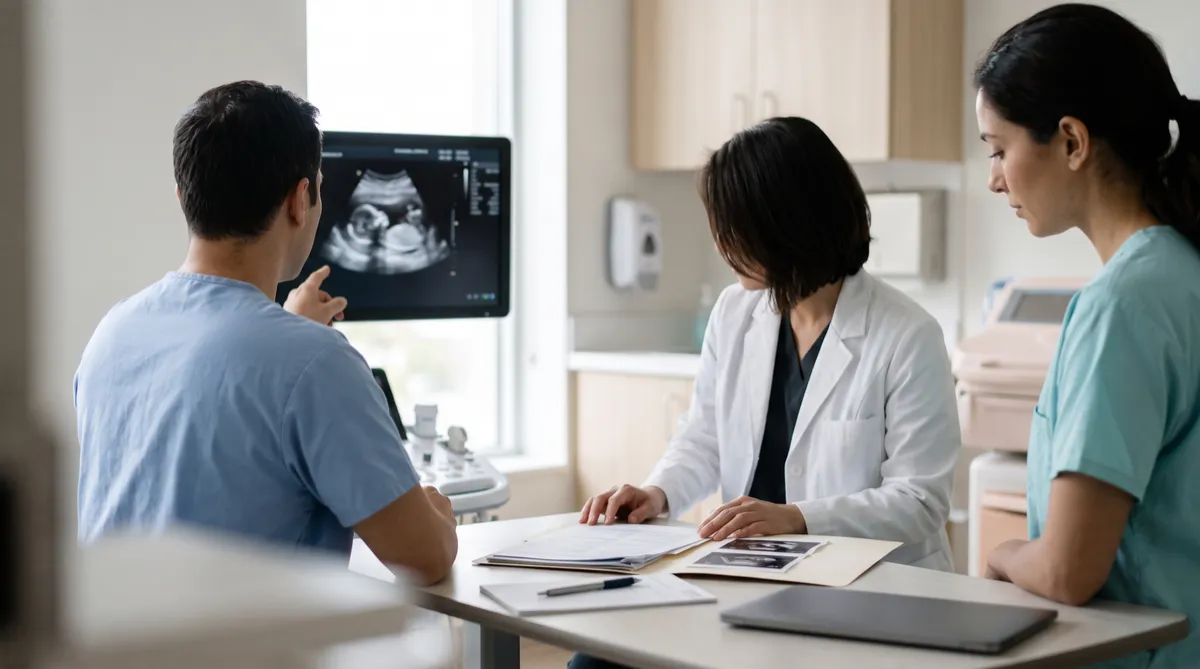 Equipo médico de espaldas revisando un expediente y un ultrasonido en una sala de consulta ginecológica luminosa