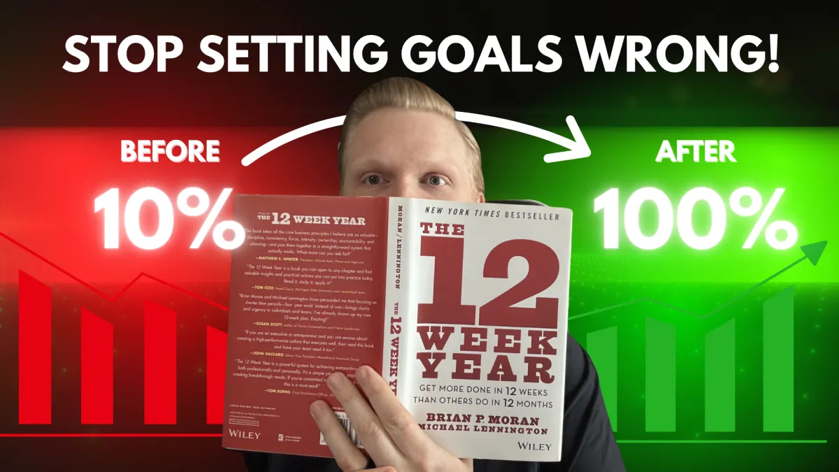 Zachary Reed holding a copy of The 12 Week Year by Brian P. Moran and Michael Lennington, with a before-and-after graphic showing 10% goal completion on the left and 100% on the right, under the headline "Stop Setting Goals Wrong!"