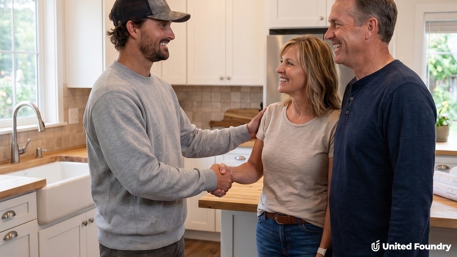 Contractor and client shaking hands across a desk, closing a deal