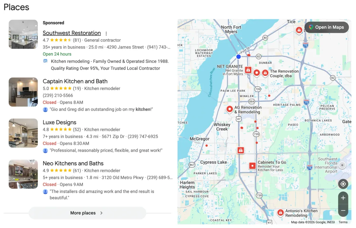 Google Maps map pack for kitchen remodelers in Fort Myers FL — Google Business Profile optimization for remodelers