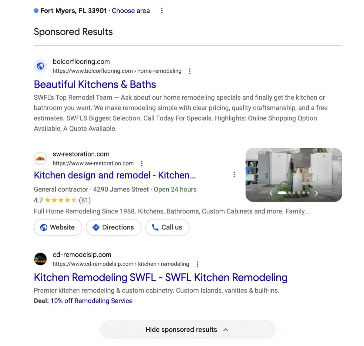 Google Ads sponsored results for home remodeling in Fort Myers FL — PPC management for remodelers