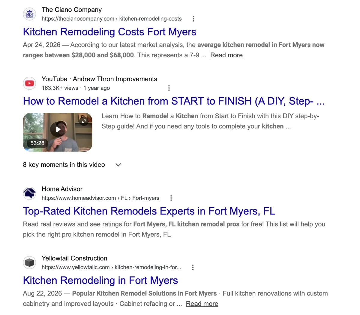 Organic Google results for kitchen remodeling in Fort Myers — local SEO for home remodelers in Southwest Florida