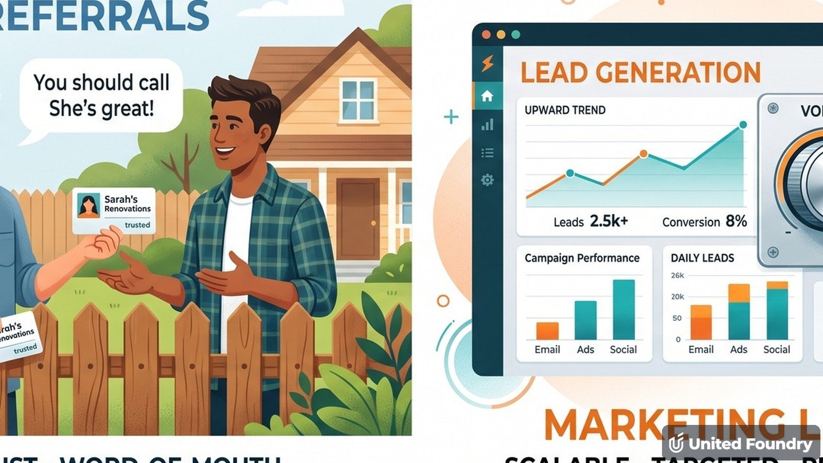 Two neighbors talking on a porch, the word-of-mouth moment behind every referral