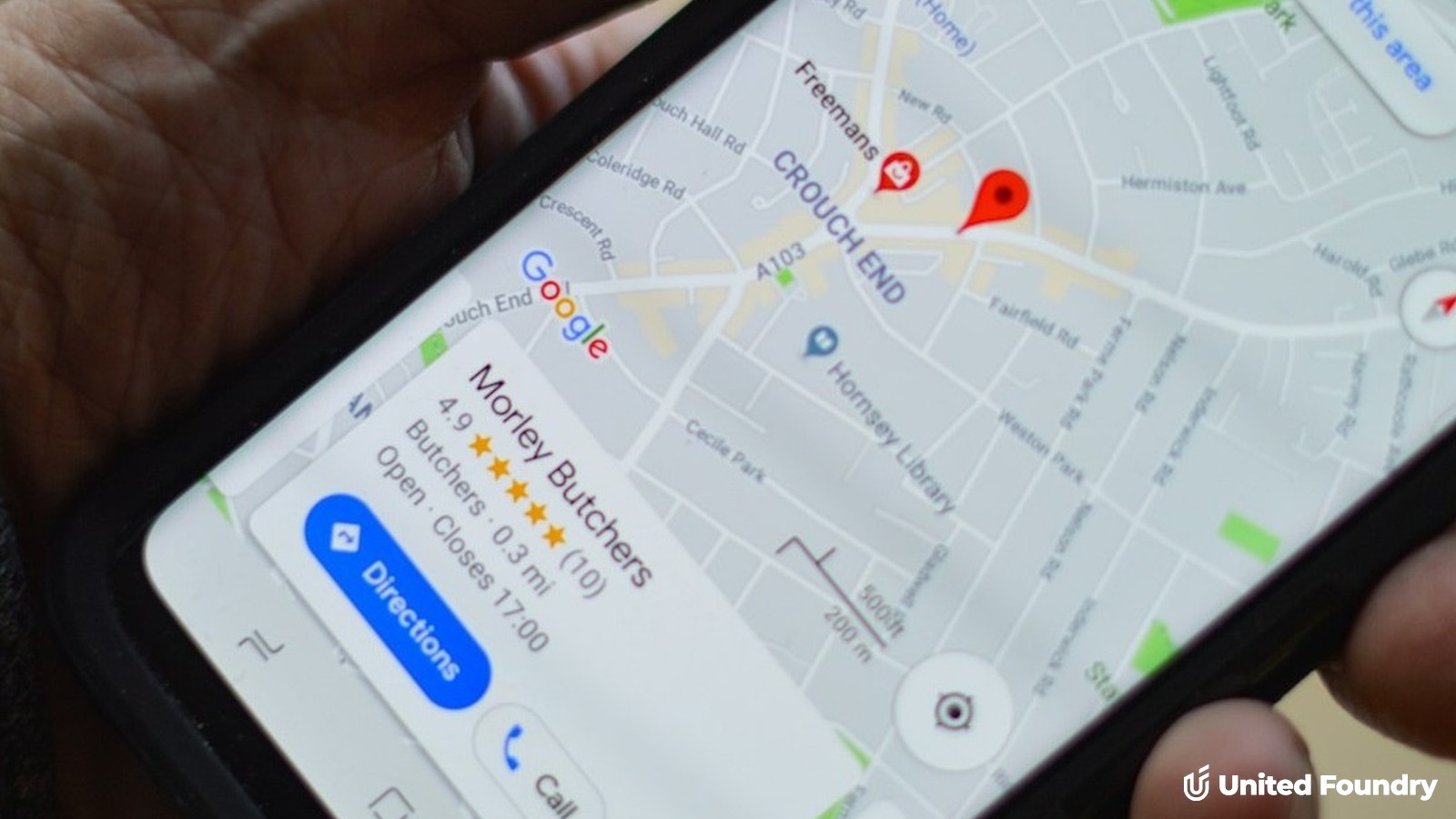 Homeowner checking a local contractor's star rating and reviews on Google Maps