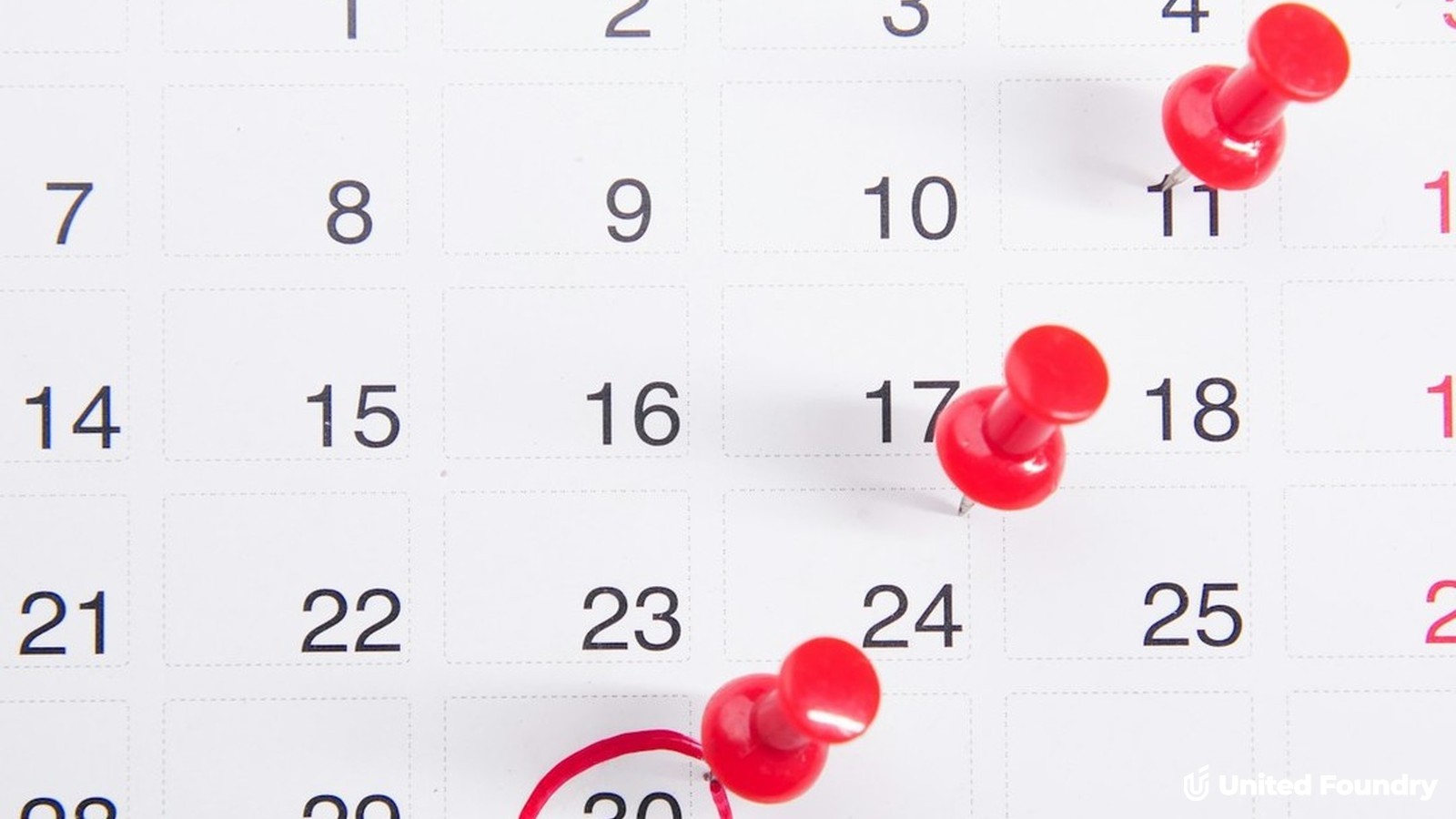 Calendar with pins marking a sequence of follow-up dates