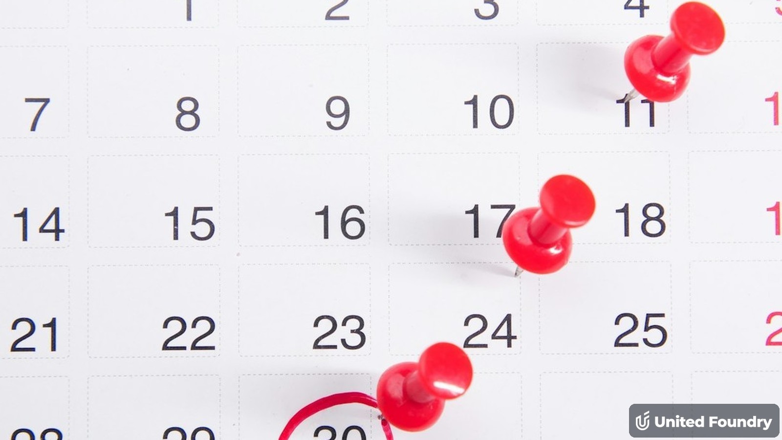 Calendar with pins marking a sequence of follow-up dates