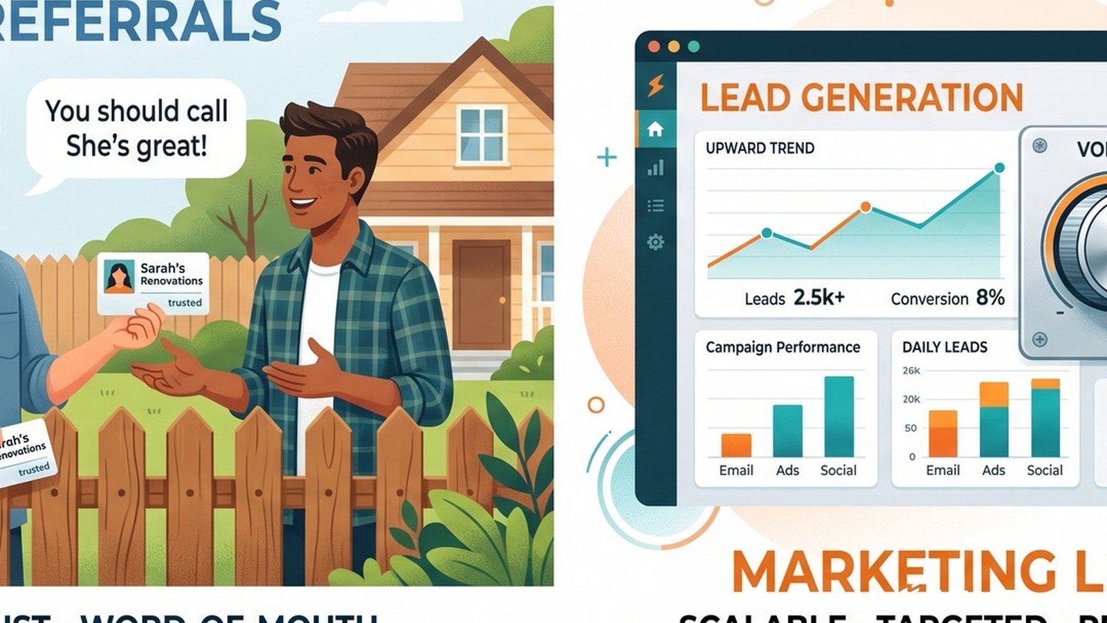 Two neighbors talking on a porch, the word-of-mouth moment behind every referral