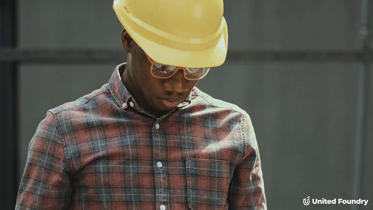 Contractor in a yellow hard hat checking his phone on a job site, United Foundry branding
