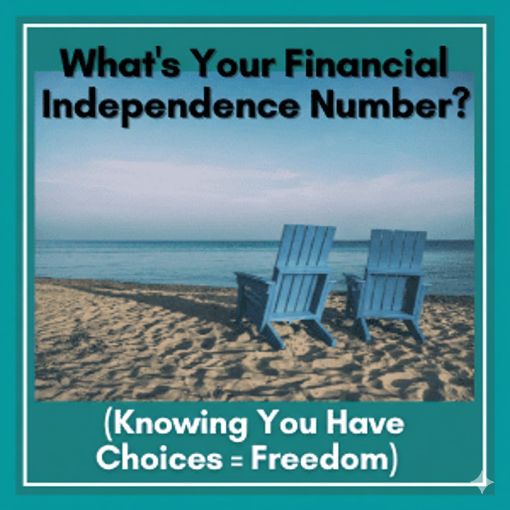 Two blue beach chairs facing a calm ocean at sunset with the text "What's Your Financial Independence Number?