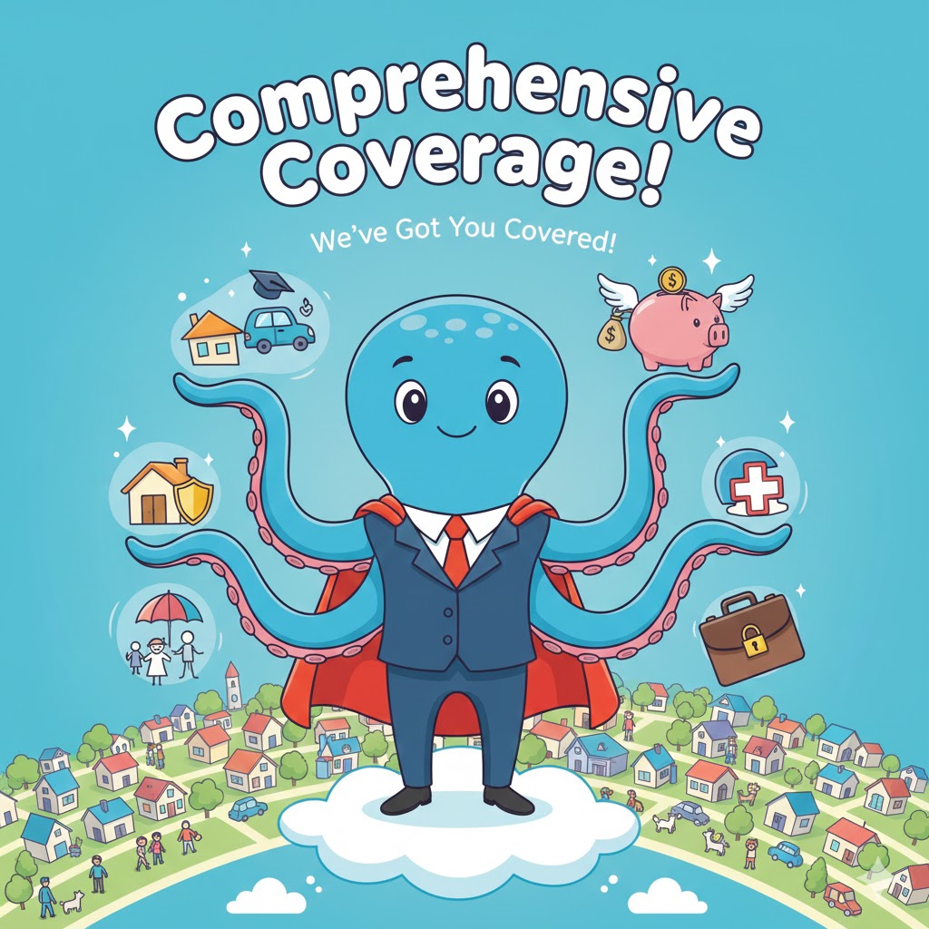A humorous cartoon illustration depicting various life scenarios protected by comprehensive insurance coverage.