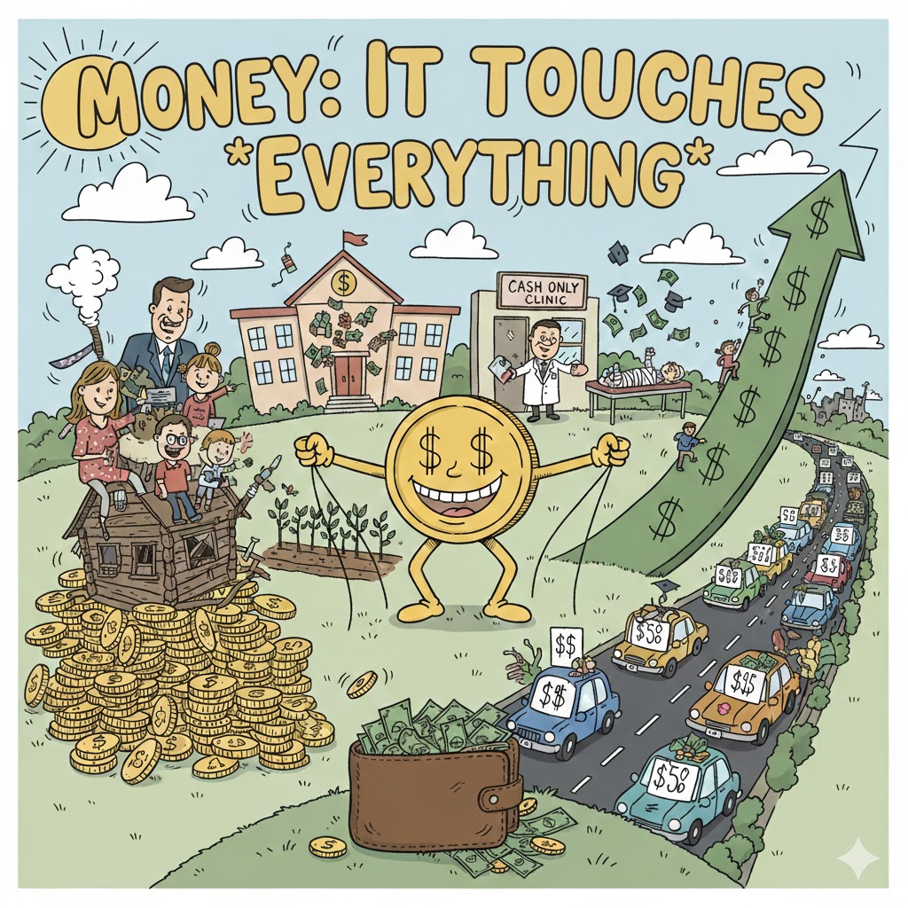 A funny graphic showing a character balancing various life priorities—family, health, and career—all connected to a central money theme.