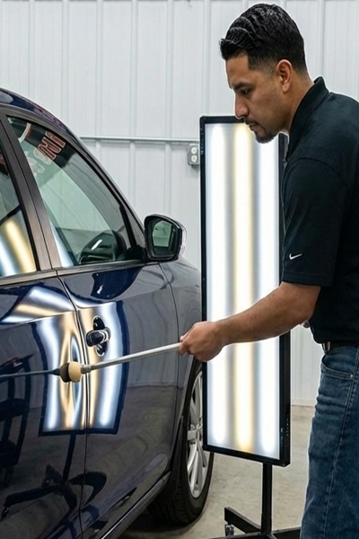 Professional dent removal service Dallas TX showing technician repairing car body dent