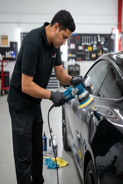 Car scratch buffing service Dallas polishing vehicle surface to glossy finish