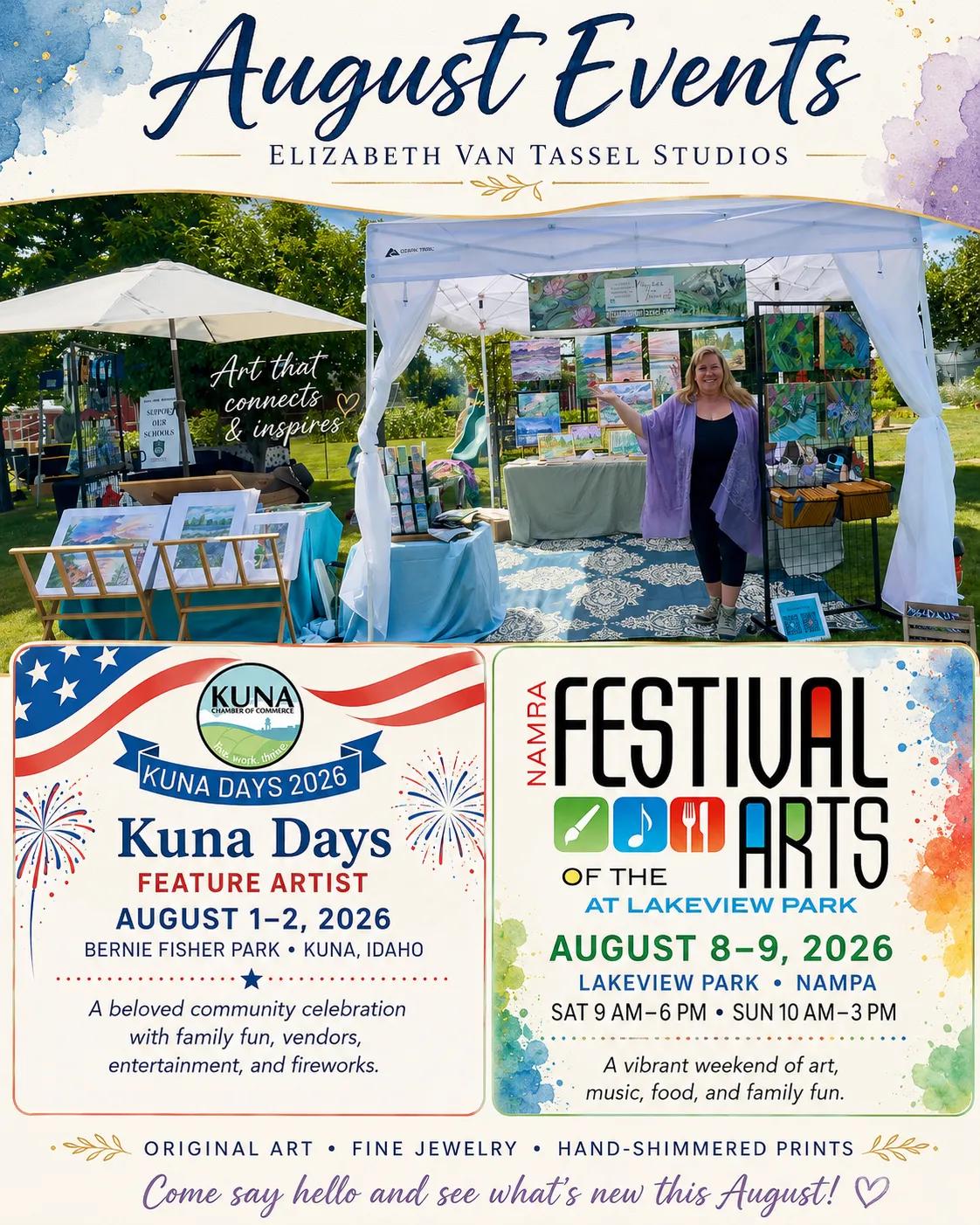 Artist Elizabeth Van Tassel is a featured artist at Kuna Days and Nampa Festival of the arts, photo of her tent with artwork