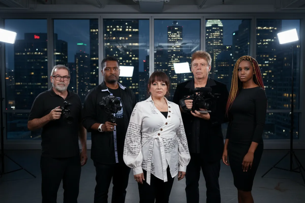 A dramatic, wide-angle shot of a diverse creative team standing in a modern studio, illuminated by soft blue and white lighting.