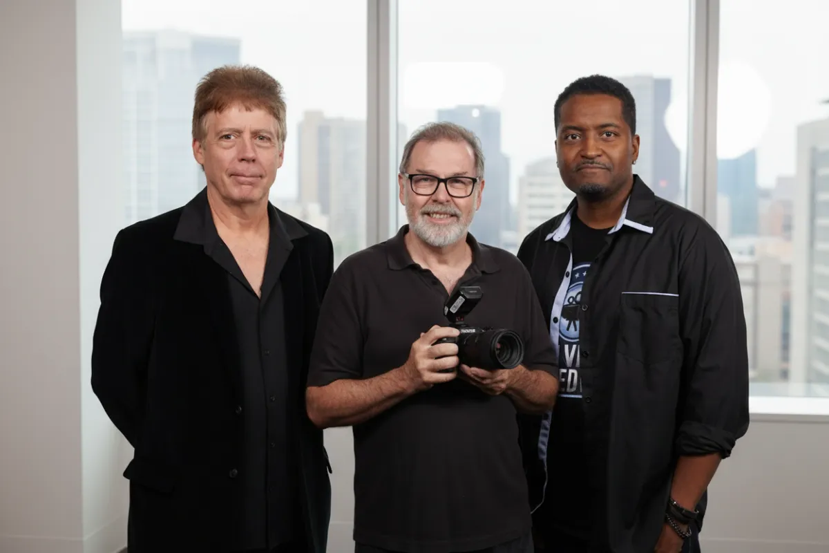A diverse team of three professionals, two men and one woman, stand in a modern office with video equipment visible in the background. The group is smiling confidently, dressed in business-casual attire, with natural daylight streaming through large windows. The setting conveys approachability and expertise.