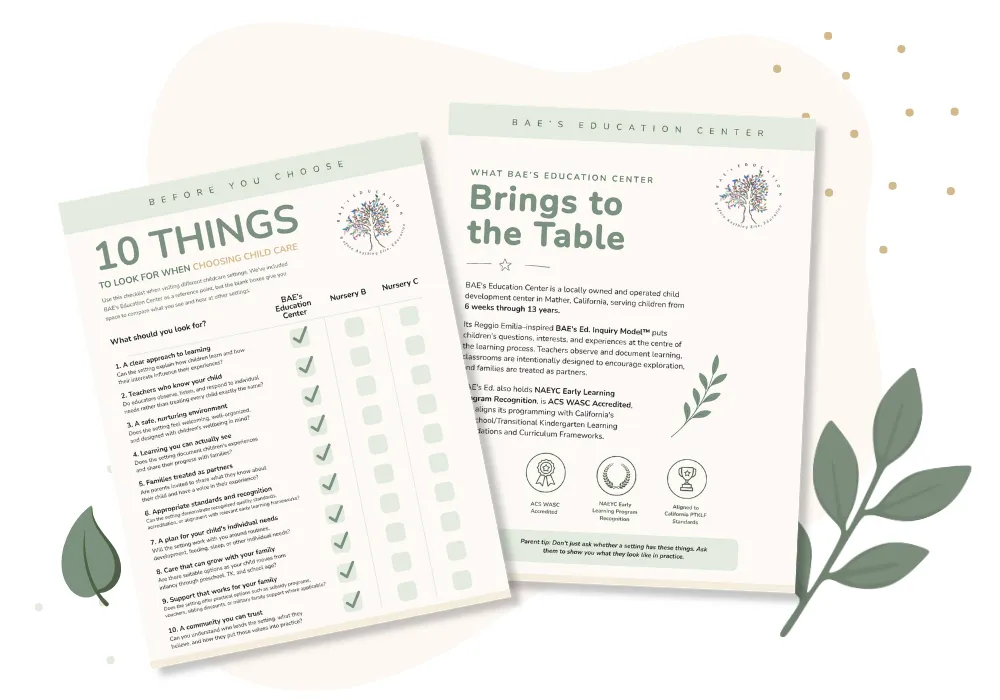 BAEs Education Center childcare comparison checklist and program information guide