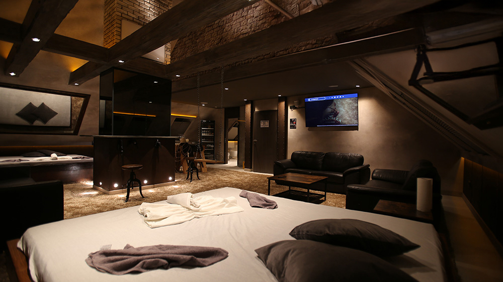 Großzügige Suite im Villa Amore Düsseldorf mit Bett, Lounge-Bereich und diskreter Atmosphäre