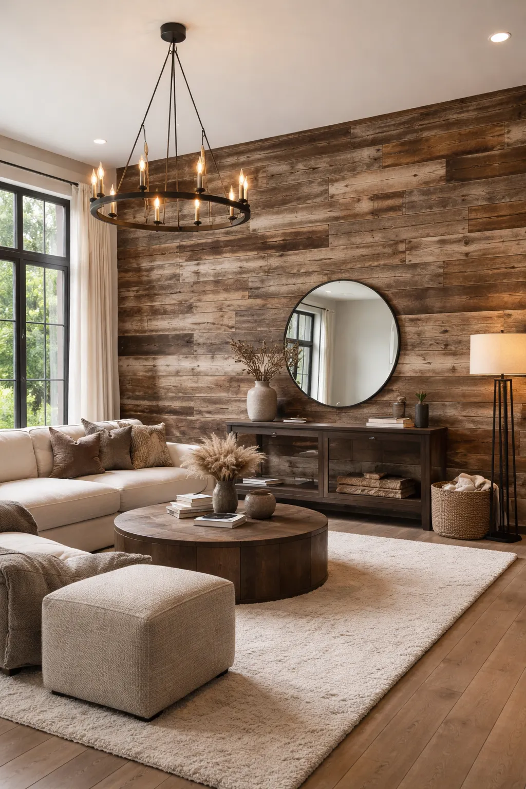 brown reclaimed wood accent wall in a high end living room