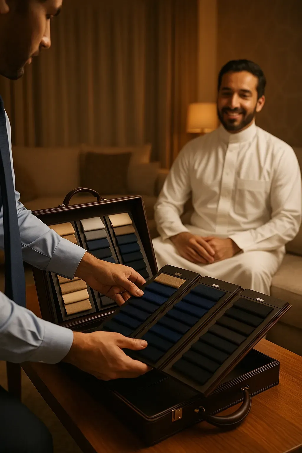 خياط ميداني يزور العميل لأخذ القياسات، ضمن خدمة الزيارات المنزلية من ثوب دبي