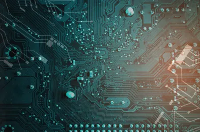 A stylized, futuristic metallic face or mask (robotic/AI theme) with sleek contours, minimal features, and a dark background.