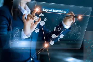 A glowing white futuristic mask or helmet with sharp contours, set against a dark/black background.