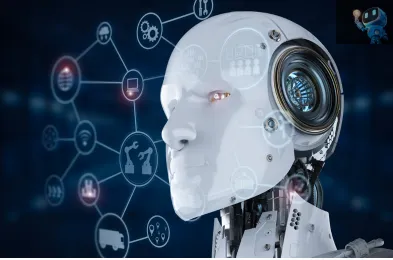 A futuristic white robot head with mechanical and electronic components, facing right. Around it are faint, glowing icons and lines suggesting connectivity and technology (such as gears, data, networks). The background is dark blue, giving a high-tech, sci-fi feel.