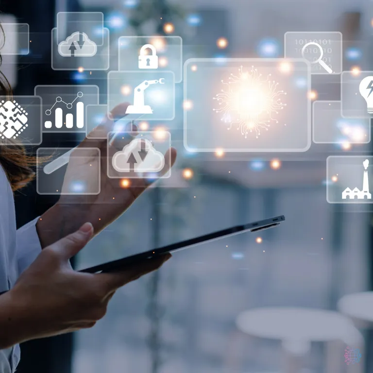 A stylized white/metallic robotic mask or futuristic face design set against a dark background.