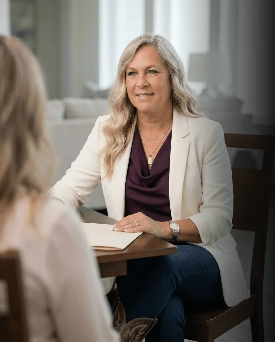Kimm Dillard, REALTOR® with EXIT Realty Elite, meeting with a client to discuss real estate decisions.