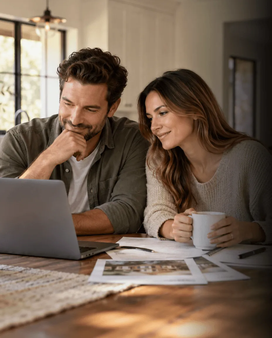 Couple reviewing home listings and paperwork together on a laptop at their kitchen table.