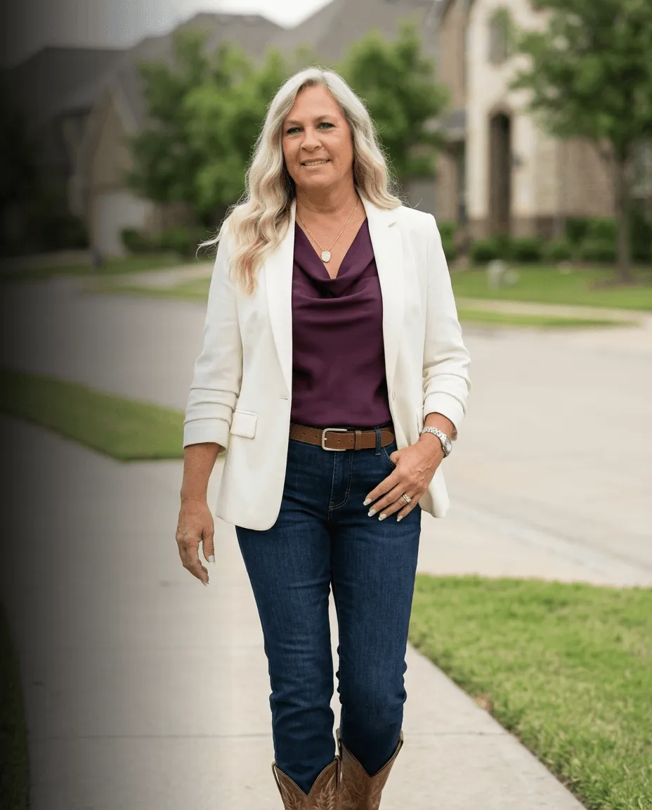 Kimm Dillard, REALTOR® with EXIT Realty Elite, walking along a sidewalk in a residential neighborhood.
