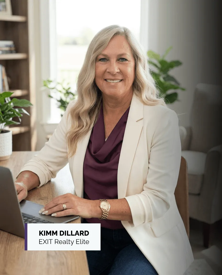 Kimm Dillard, REALTOR® with EXIT Realty Elite, seated in a residential setting.
