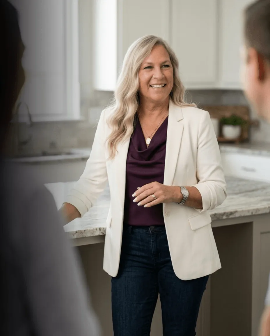 Kimm Dillard, REALTOR® with EXIT Realty Elite, having a friendly conversation with a client in a residential kitchen.